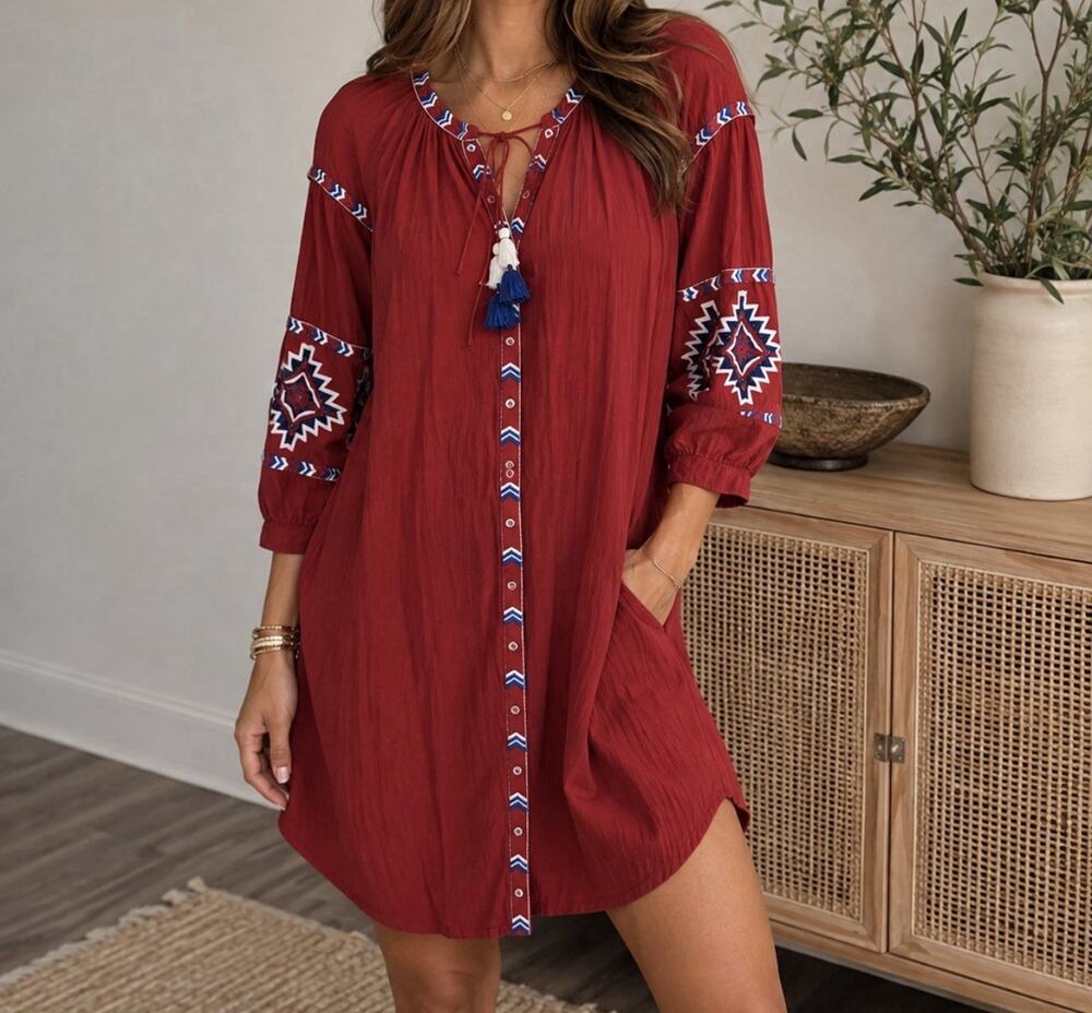 Ann Taylor LOFT Embroidered Tunic Dress Sz XSP 3/4 Sleeve Button Front Loose